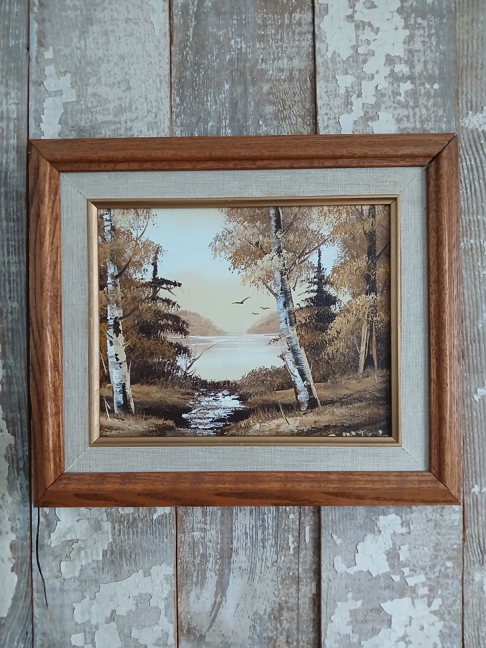 Vintage Wood Framed Autumn Birch Landscape Paint With Linnen